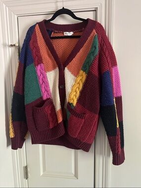 RHODE Multicolor Patchwork Cable Cardigan in Burgundy and Jewel Tones